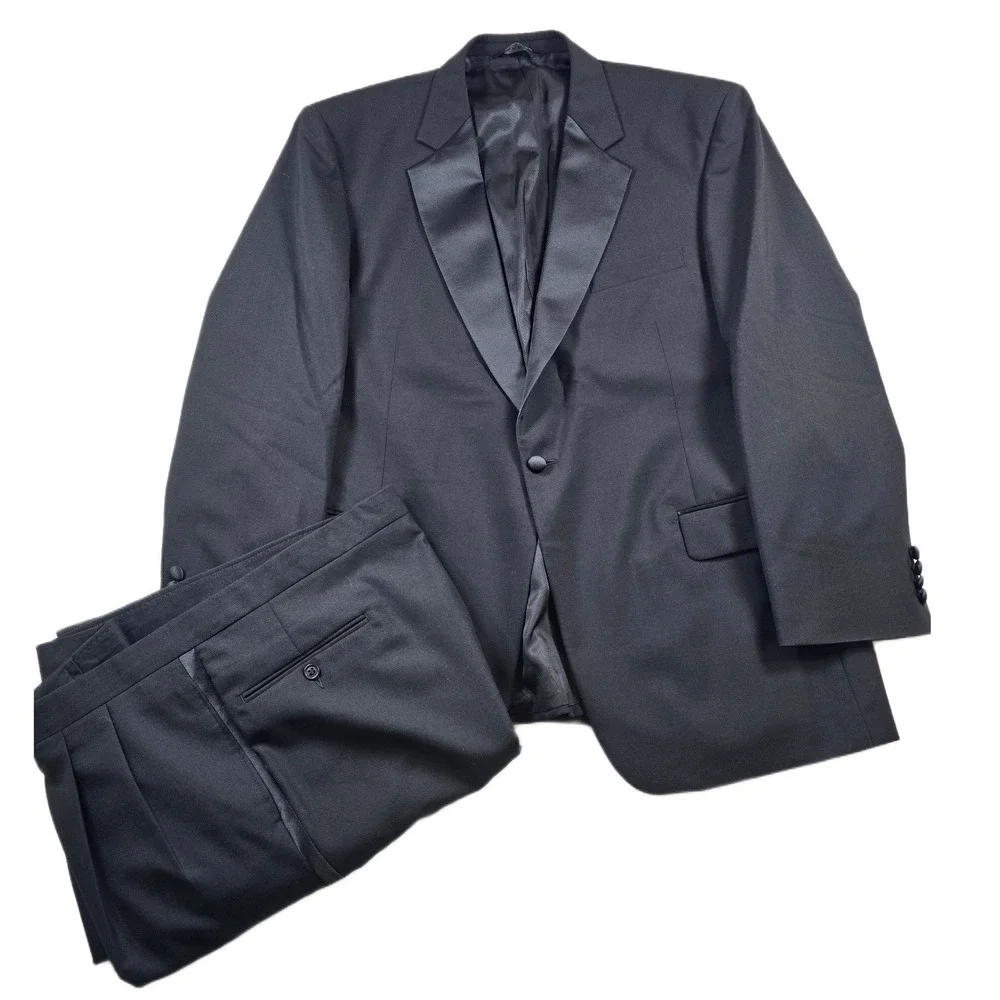 JoS A Bank Tuxedo Suit Men 46R 2 Piece Pants 42x31 Black 100% Wool Peak Lapel